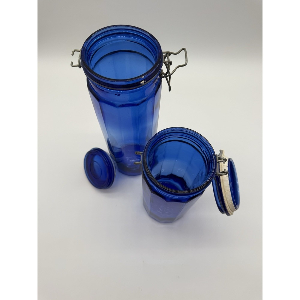 VTG Set Of 13" & 10" Cobalt Blue Glass 12-Panel Wire Bail Clamp Canisters w/Lids - Picture 4 of 9
